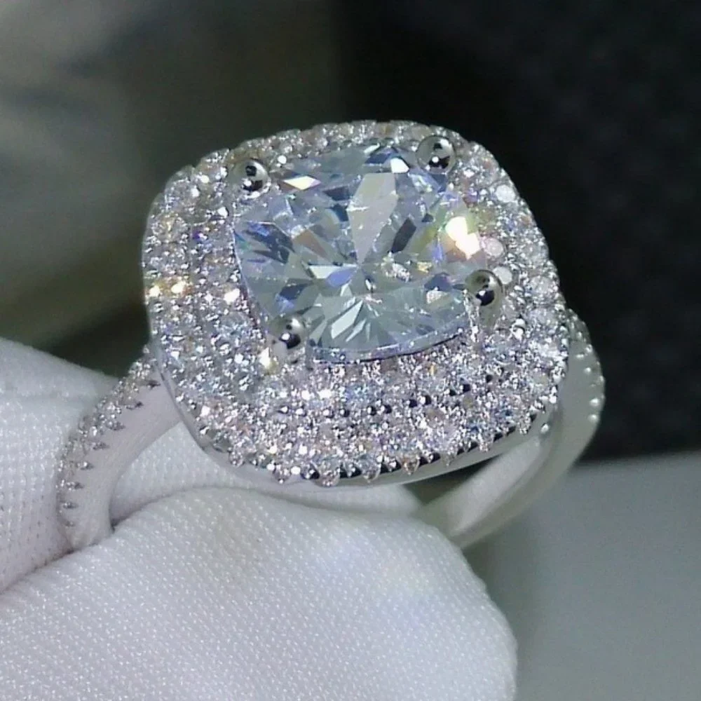 NEW 925 Sterling Silver Diamond Double Halo Ring